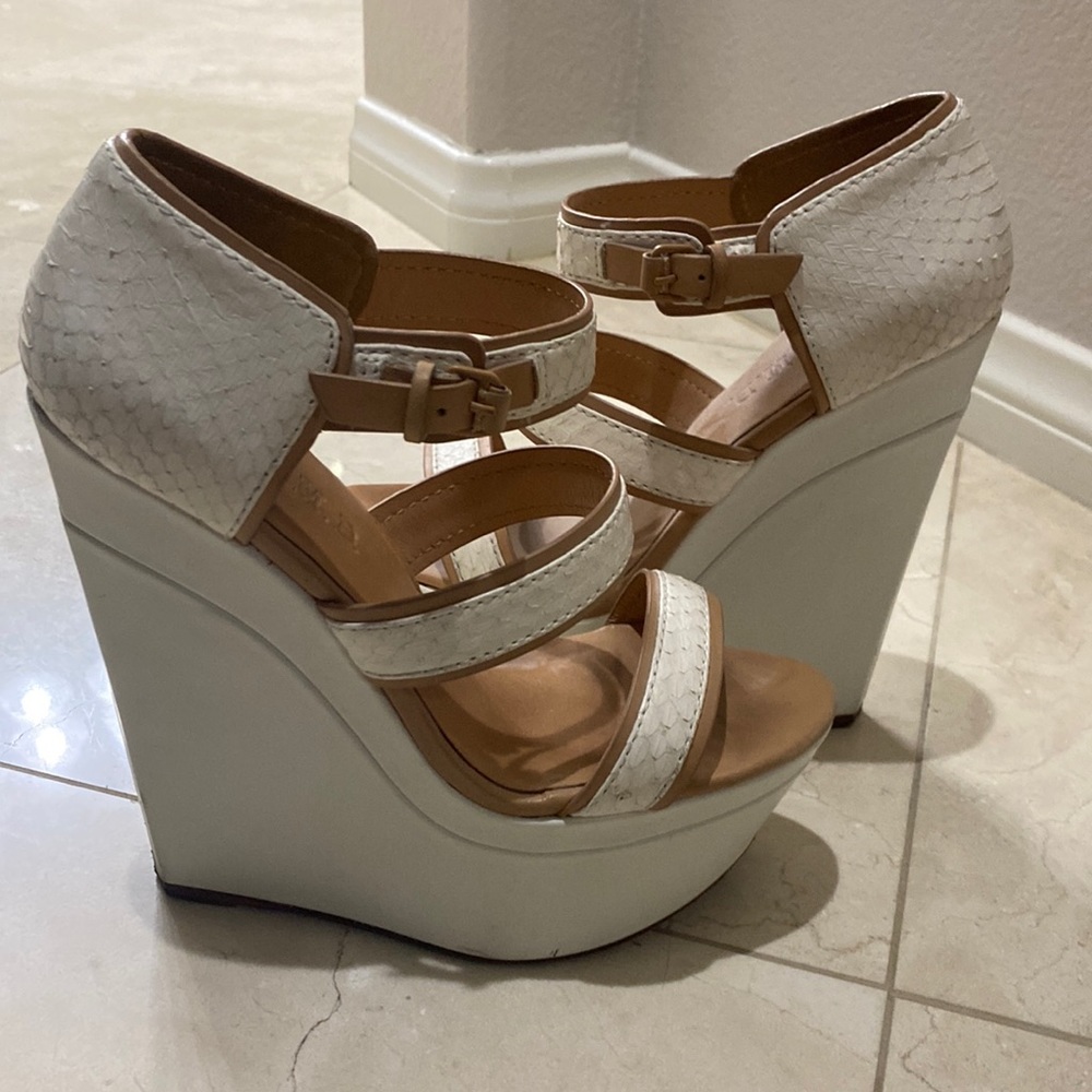 L.A.M.B. White snake skin wedges